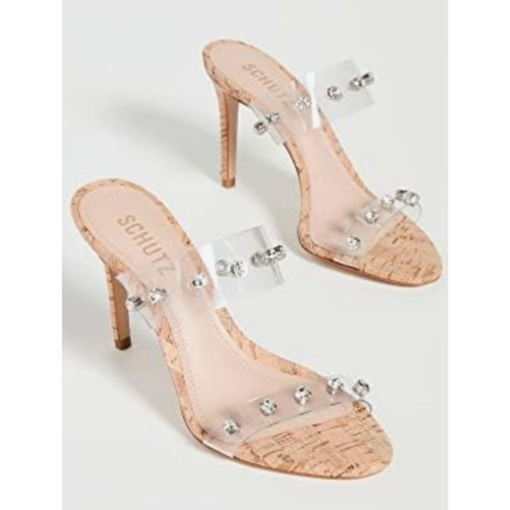 Schutz Ariella Crystal Band Cork Heel Sandal Transparte Size 6 Neiman Marcus